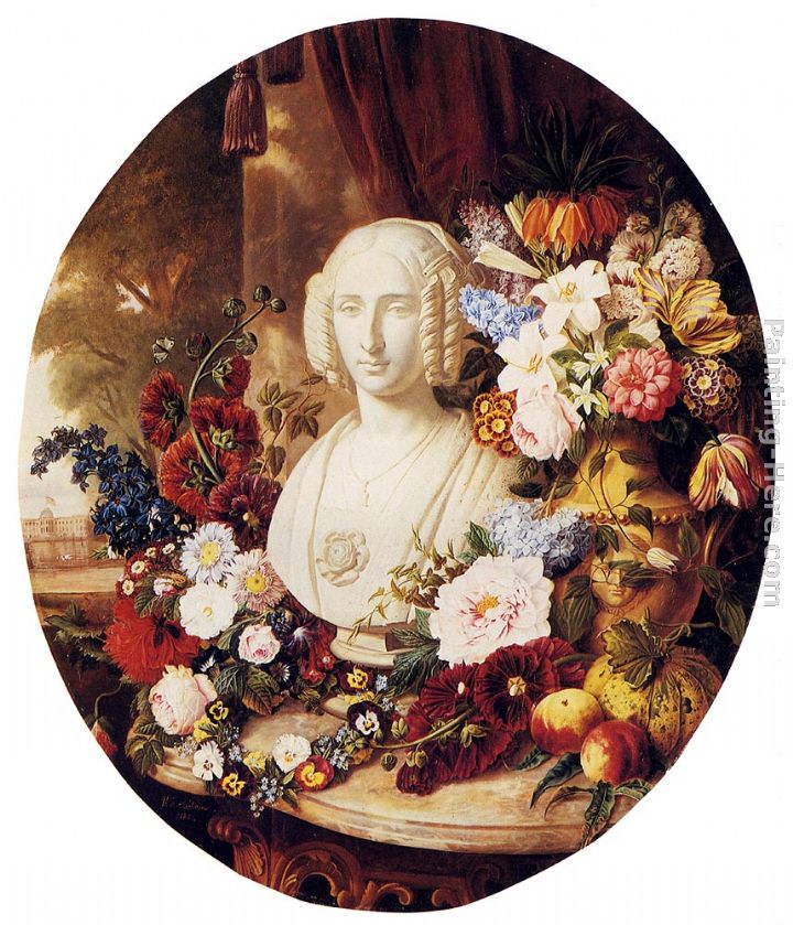 A Still Life With Assorted Flowers, Fruit And A Marble Bust Of A Woman painting - Virginie de Sartorius A Still Life With Assorted Flowers, Fruit And A Marble Bust Of A Woman art painting